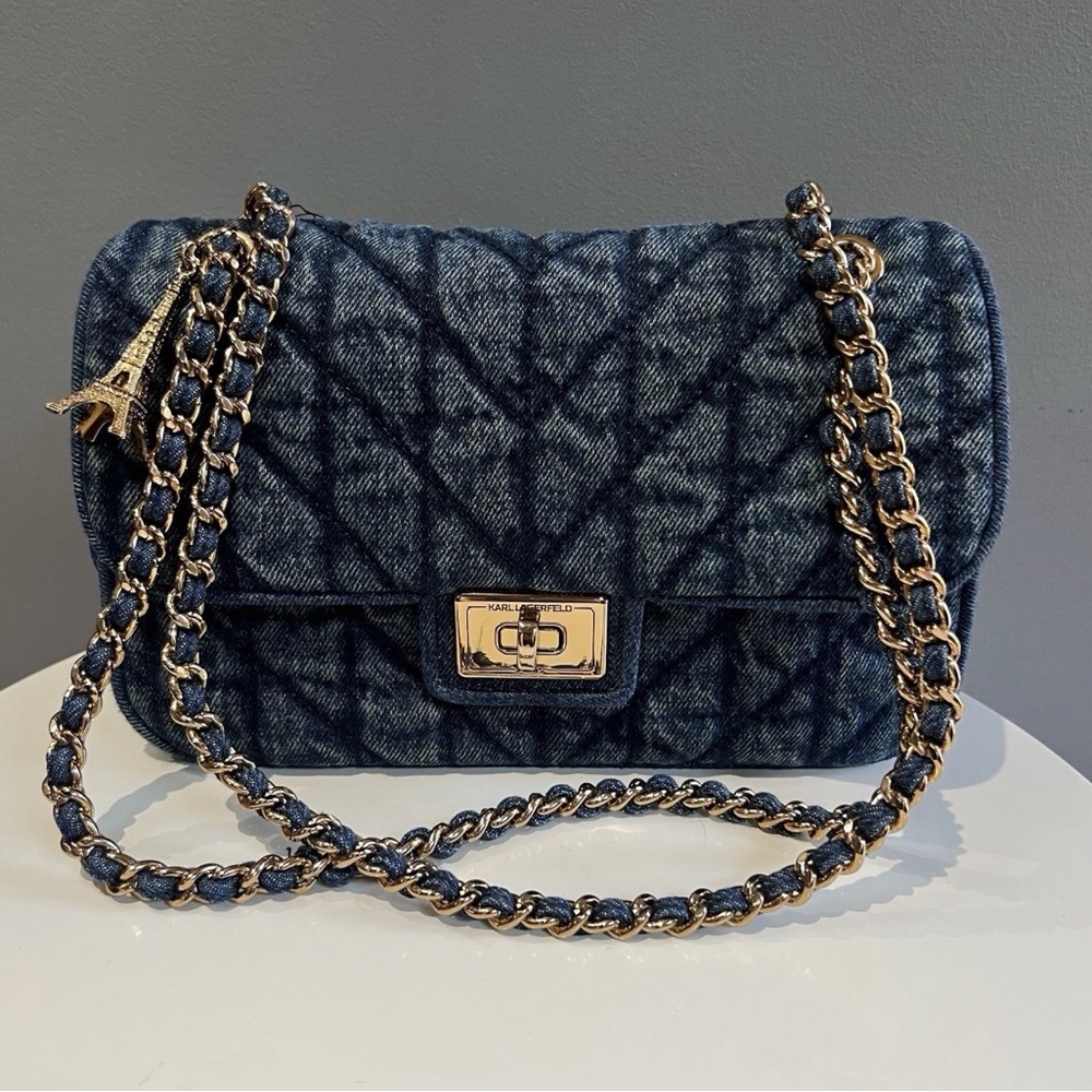 Karl Lagerfeld Quilted Navy Denim Crossbody with Gold Chain